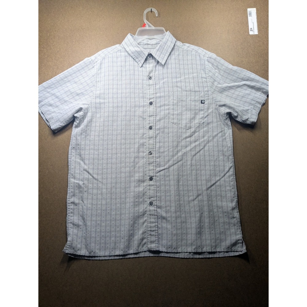 Marmot Mens Medium Short Sleeve Plaid Button Down Shirt Blue Grey Hiking Casual